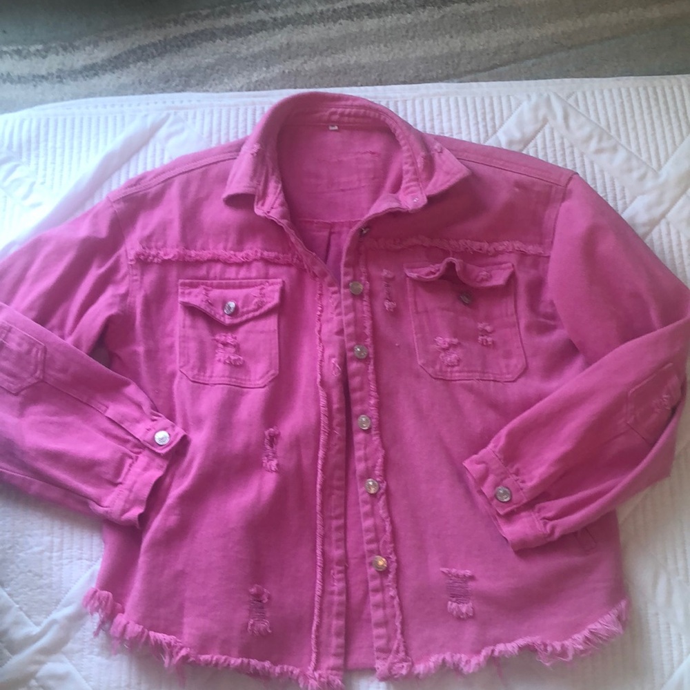 Women’s Oversize Frayed Lightweight Denim Jacket Size XL.  Bubble gum pink. - Picture 13 of 17
